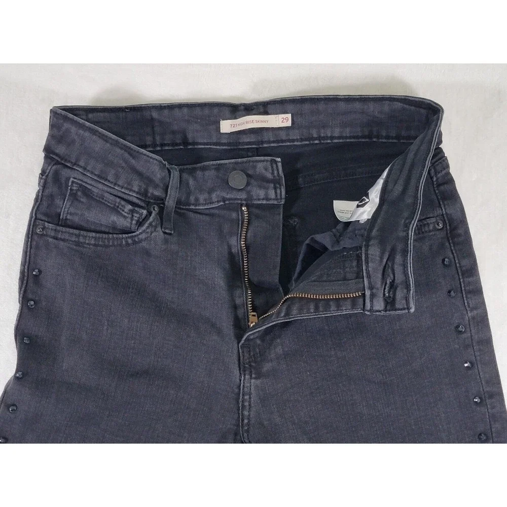Levis 721 High Rise Skinny Stretch Jeans Size 29 Black Denim Rhinestone Stripe - Picture 4 of 16